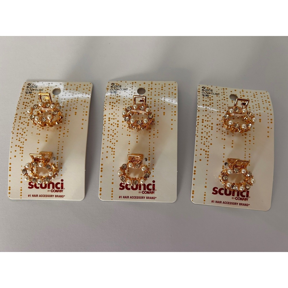 SCUNCI Gold Pearl Jewel Mini Claw Clips For Hair Lot Of 3 Beautiful New! Oval 1"